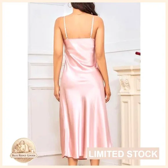 Long Satin Slip Dress Nightgown Adjustable Straps V Neck Midi